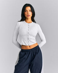 Mellow™ Rib Mid Long Sleeve Cardigan with Embroidered Logo | Light Gray Marl