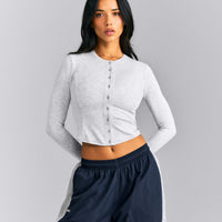 Mellow™ Rib Mid Long Sleeve Cardigan with Embroidered Logo | Light Gray Marl