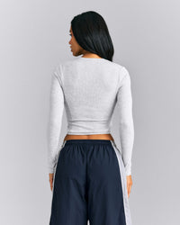 Mellow™ Rib Mid Long Sleeve Cardigan with Embroidered Logo | Light Gray Marl