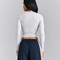 Mellow™ Rib Mid Long Sleeve Cardigan with Embroidered Logo | Light Gray Marl