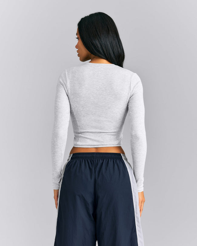 Mellow™ Rib Mid Long Sleeve Cardigan with Embroidered Logo | Light Gray Marl