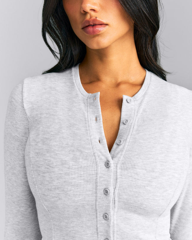 Mellow™ Rib Mid Long Sleeve Cardigan with Embroidered Logo | Light Gray Marl