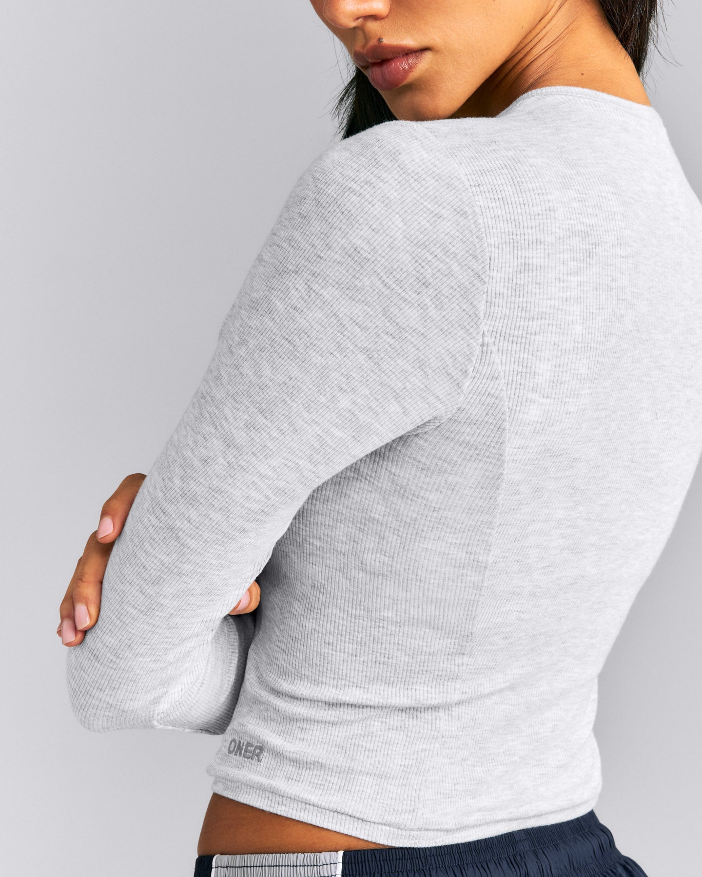 Mellow™ Rib Mid Long Sleeve Cardigan with Embroidered Logo | Light Gray Marl