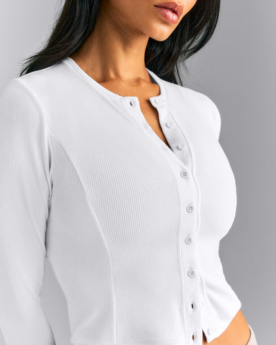 Mellow™ Rib Mid Long Sleeve Cardigan with Embroidered Logo | White