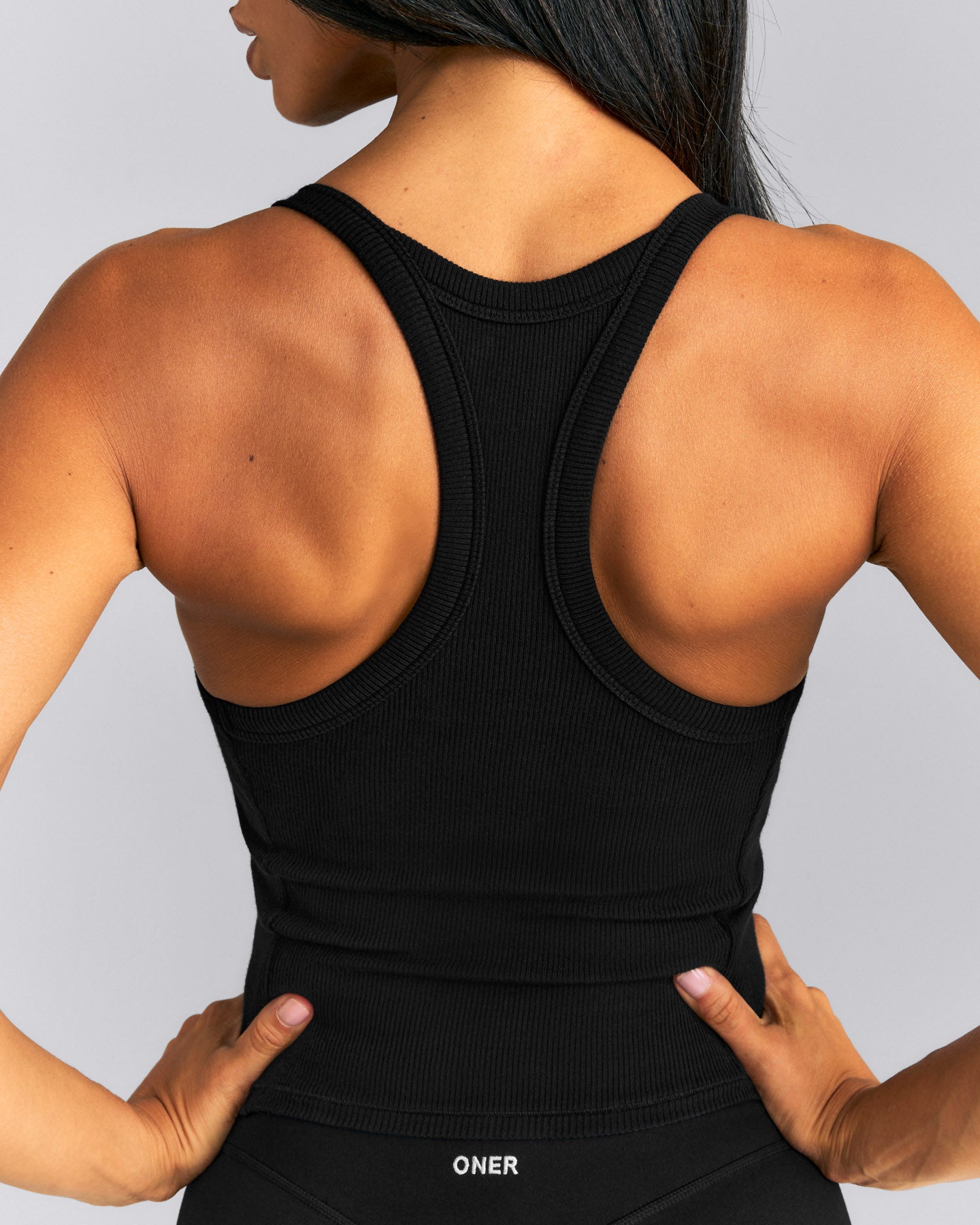 Mellow™ Rib Racer Back Mid Tank Top with Built in Bra Shelf | Black
