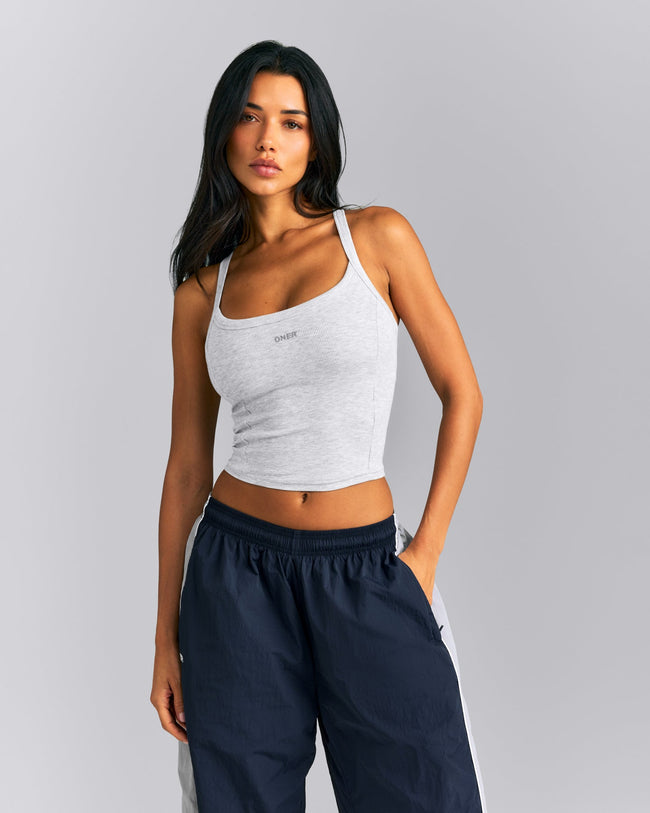 Mellow™ Rib Racer Back Mid Tank Top with Built in Bra Shelf | Light Gray Marl