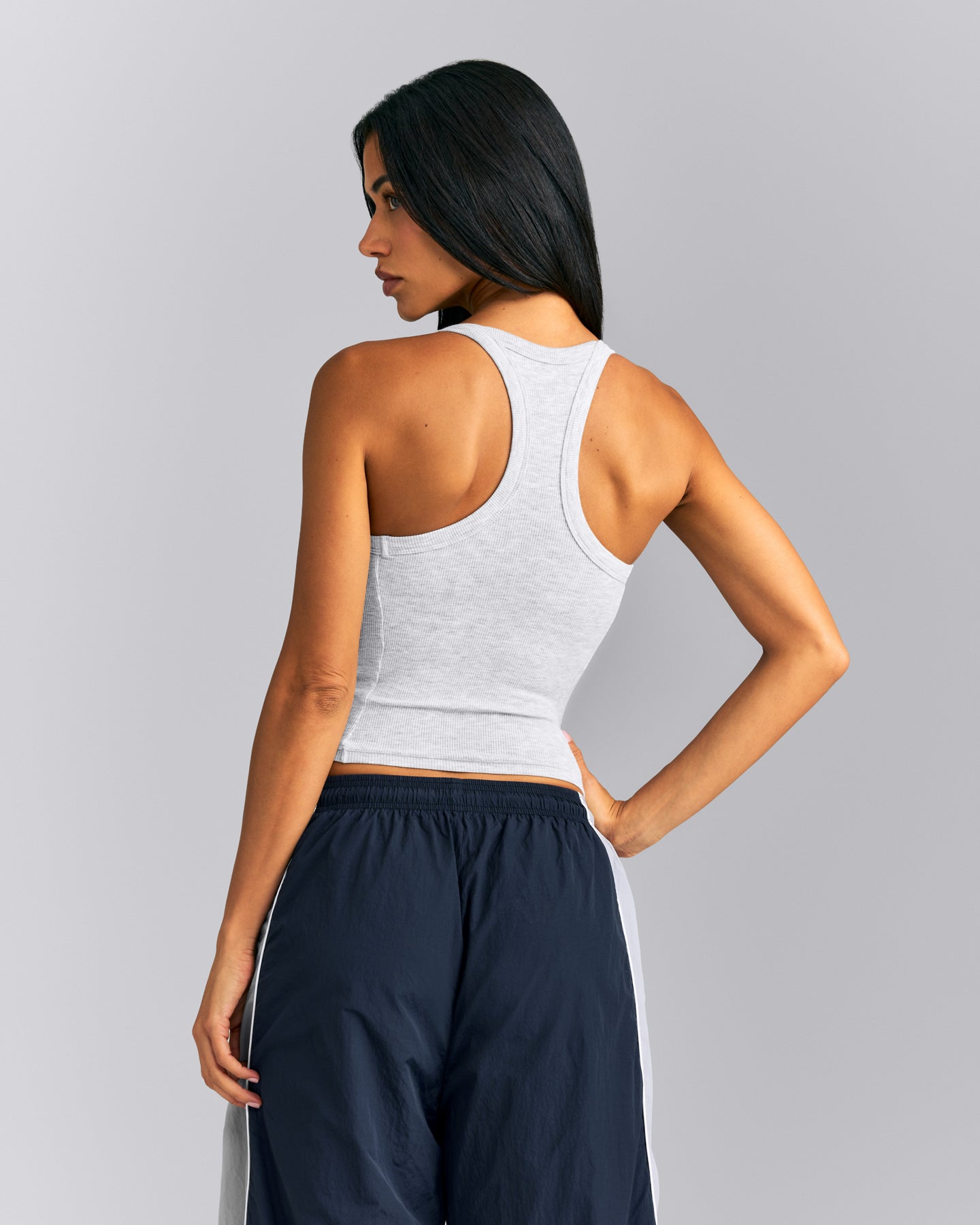 Mellow™ Rib Racer Back Mid Tank Top with Built in Bra Shelf | Light Gray Marl