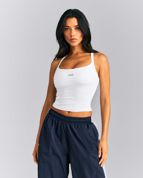 Mellow™ Rib Racer Back Mid Tank Top with Built in Bra Shelf | White