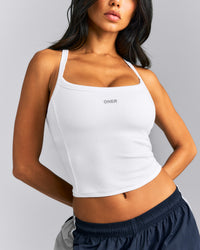Mellow™ Rib Racer Back Mid Tank Top with Built in Bra Shelf | White