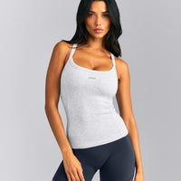 Mellow™ Rib Racer Back Tank Top with Built in Bra Shelf | Light Gray Marl
