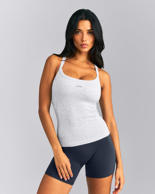 Mellow™ Rib Racer Back Tank Top with Built in Bra Shelf | Light Gray Marl