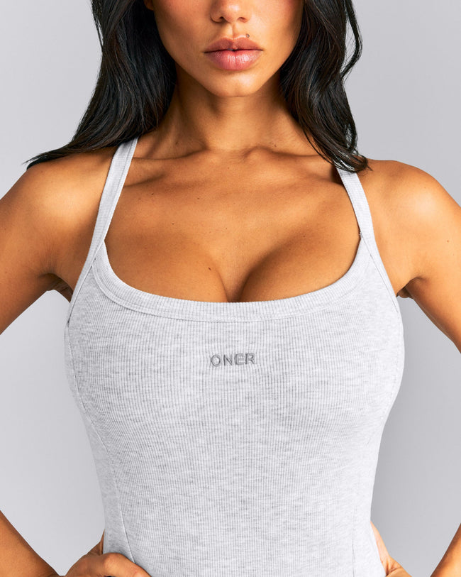 Mellow™ Rib Racer Back Tank Top with Built in Bra Shelf | Light Gray Marl