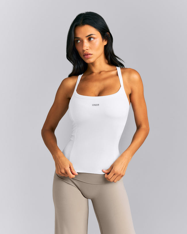 Mellow™ Rib Racer Back Tank Top with Built in Bra Shelf | White
