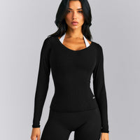 Mellow™ Rib V Neck Long Sleeve Top | Black