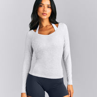 Mellow™ Rib V Neck Long Sleeve Top | Light Gray Marl
