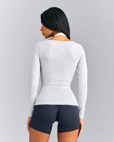 Mellow™ Rib V Neck Long Sleeve Top | Light Gray Marl