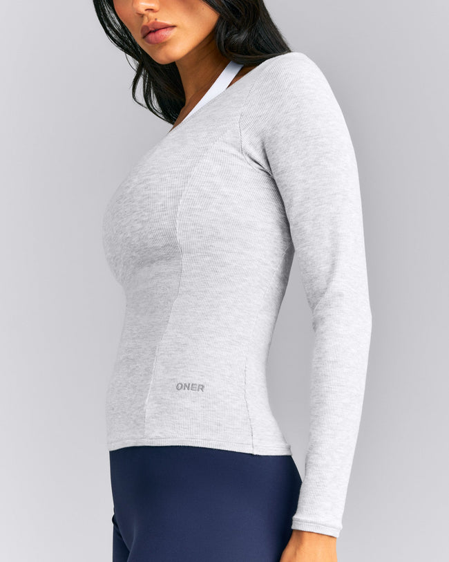 Mellow™ Rib V Neck Long Sleeve Top | Light Gray Marl