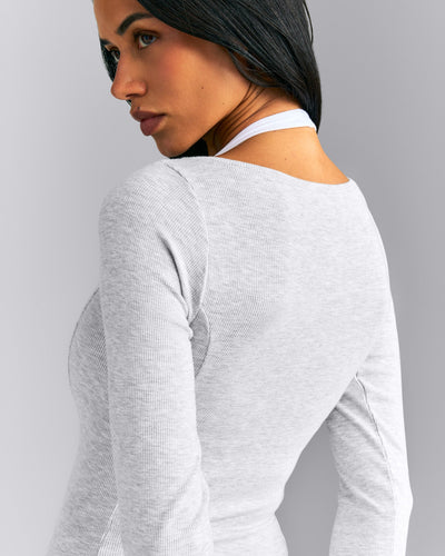 Mellow™ Rib V Neck Long Sleeve Top | Light Gray Marl