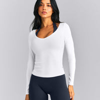 Mellow™ Rib V Neck Long Sleeve Top | White
