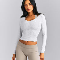 Mellow™ Rib V Neck Mid Long Sleeve Top | Light Gray Marl