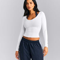 Mellow™ Rib V Neck Mid Long Sleeve Top | White