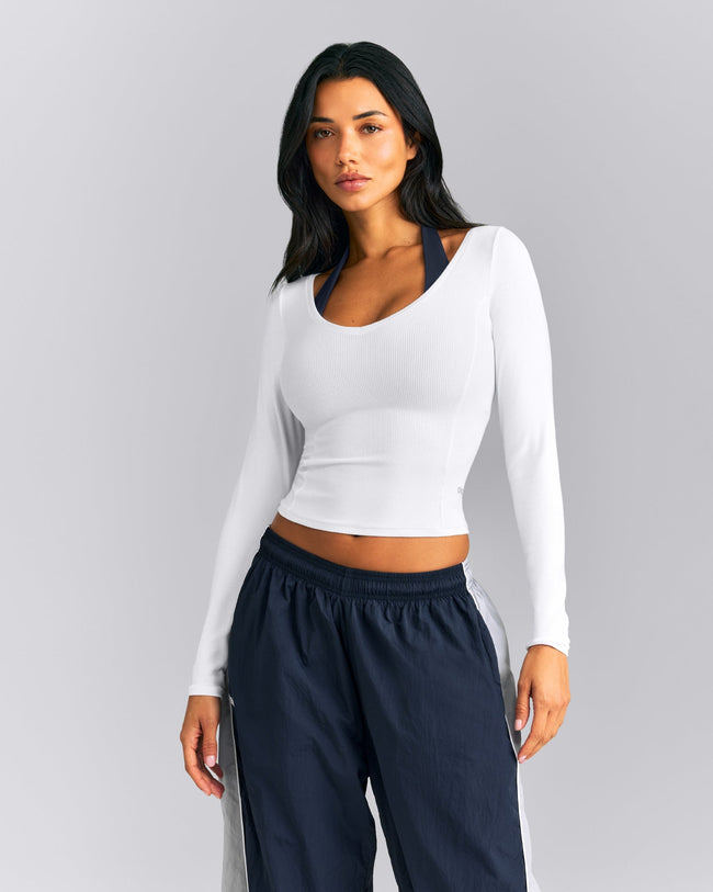 Mellow™ Rib V Neck Mid Long Sleeve Top | White