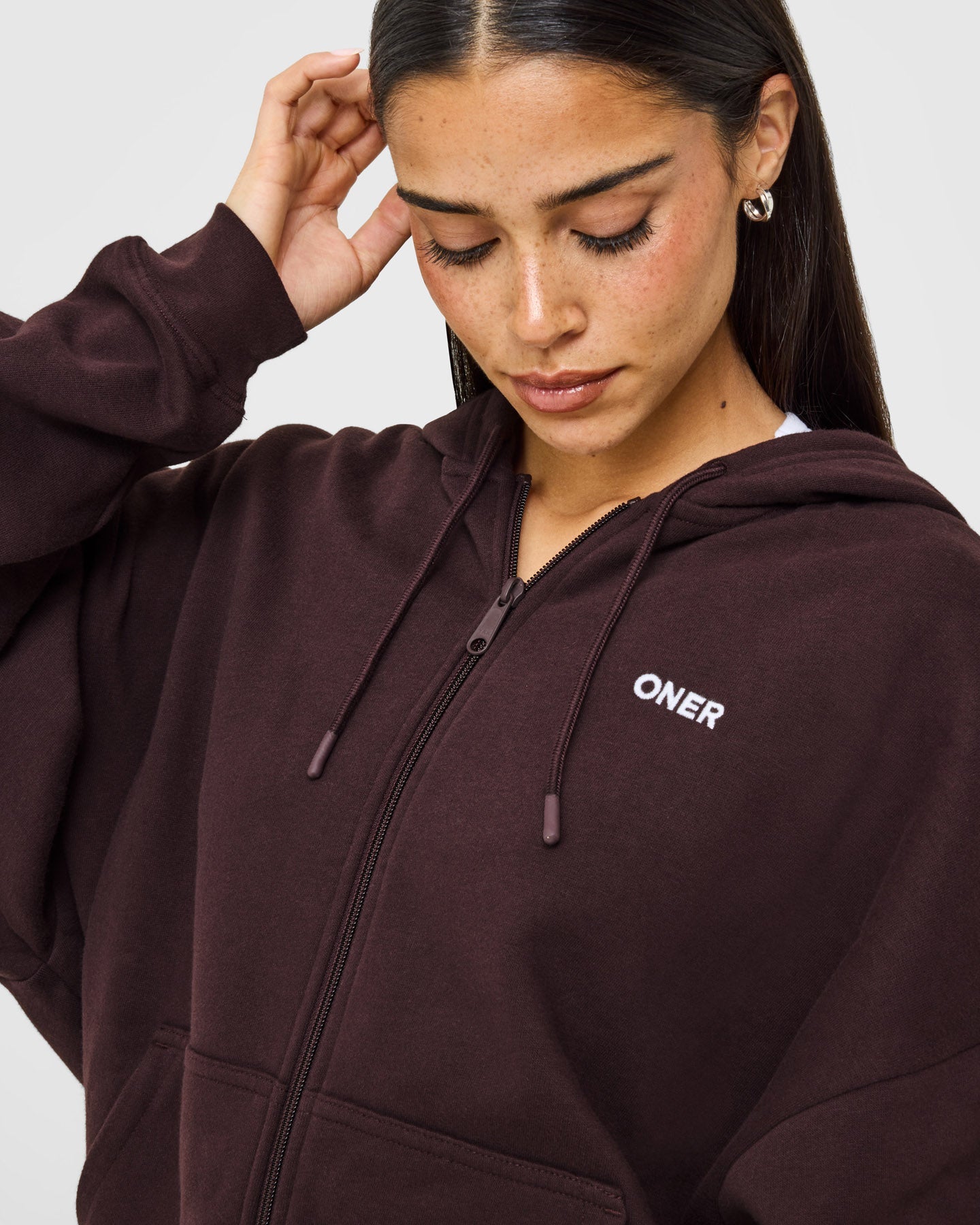 Mid Weight Relaxed Zip Through Hoodie | Plum Brown
