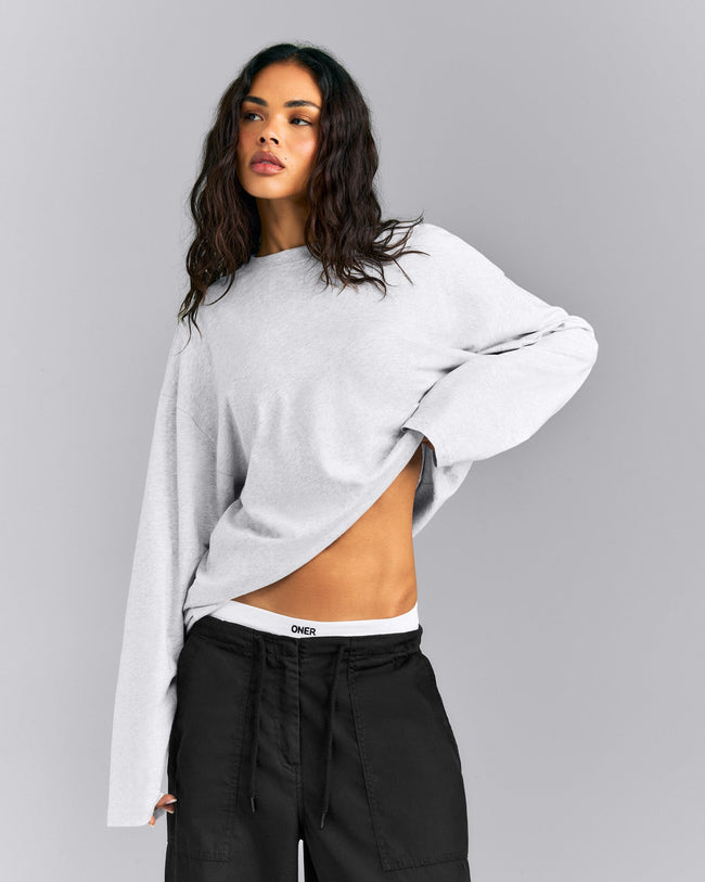 Oversized Cotton Long Sleeve Top | Light Gray Marl