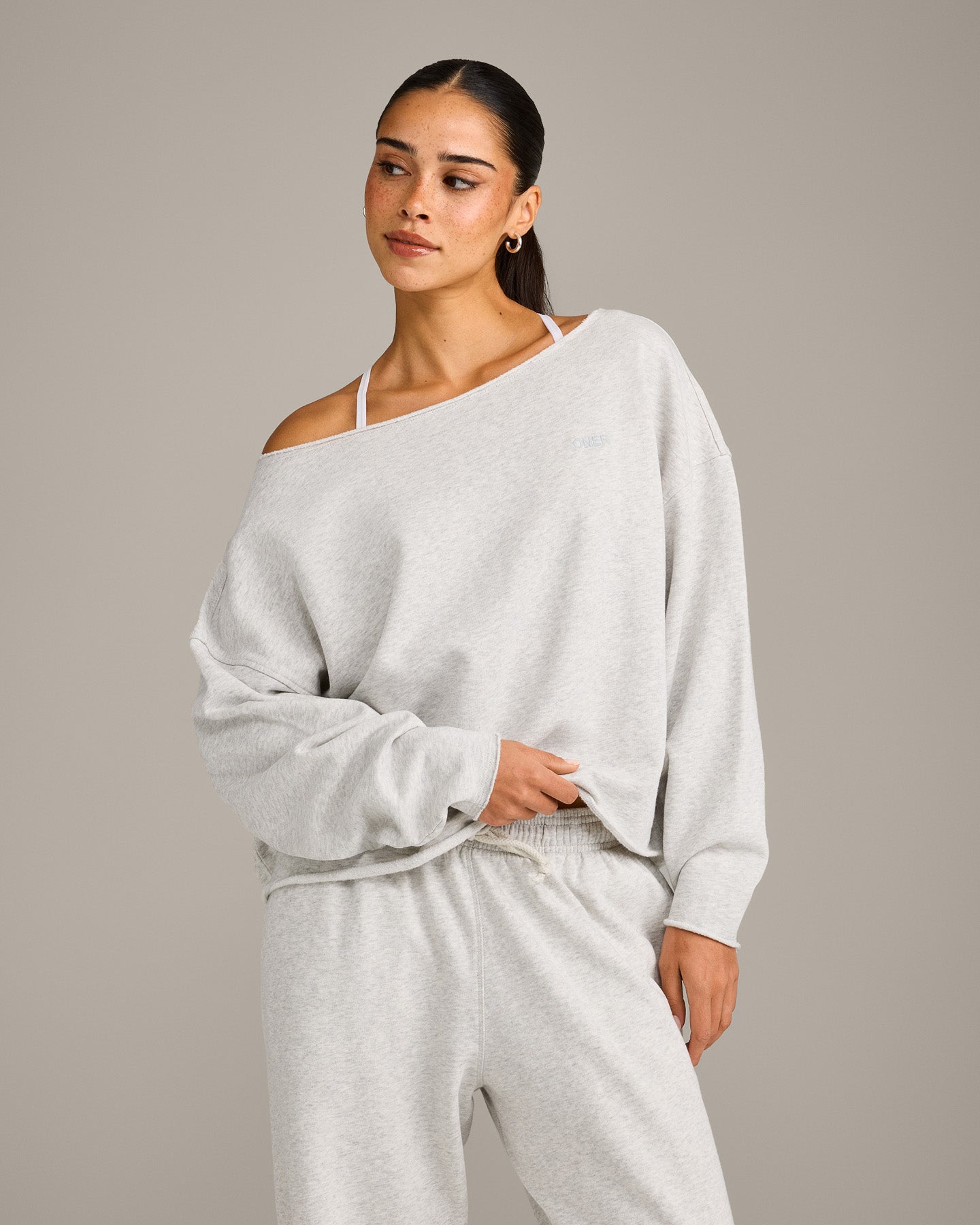 Raw Cut Lounge Off-The-Shoulder Sweatshirt | Light Gray Marl
