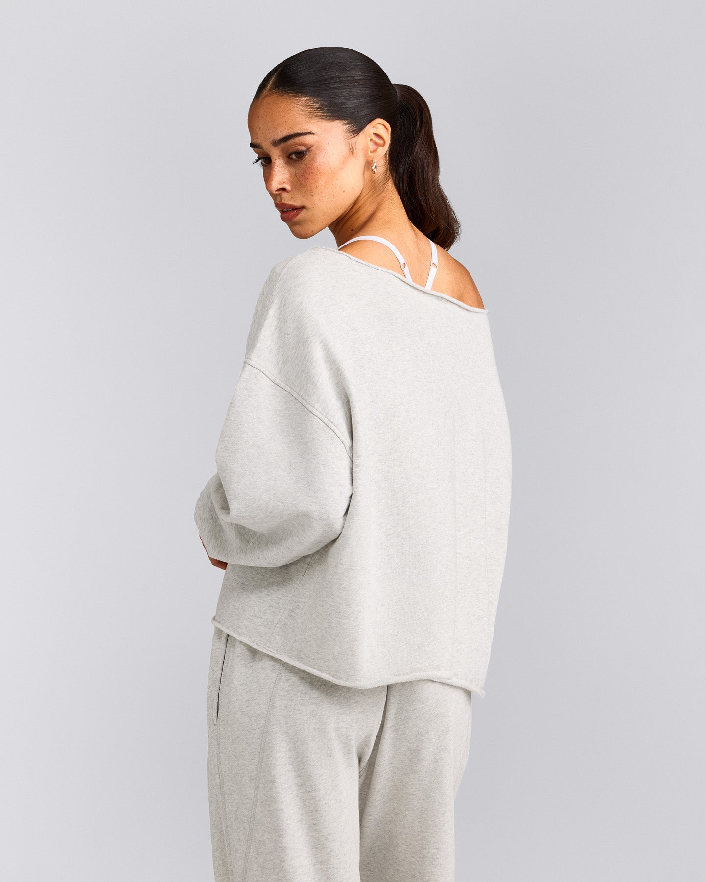 Cotton Vintage Lounge Off-The-Shoulder Sweatshirt | Light Gray Marl
