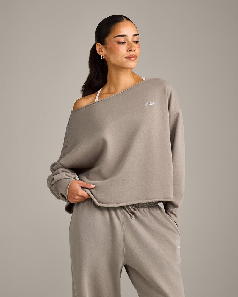n.k atelier shoulder sweat shirts グレー Raw Cut Lounge Off-The-Shoulder Sweatshirt Washed Minky | Oner