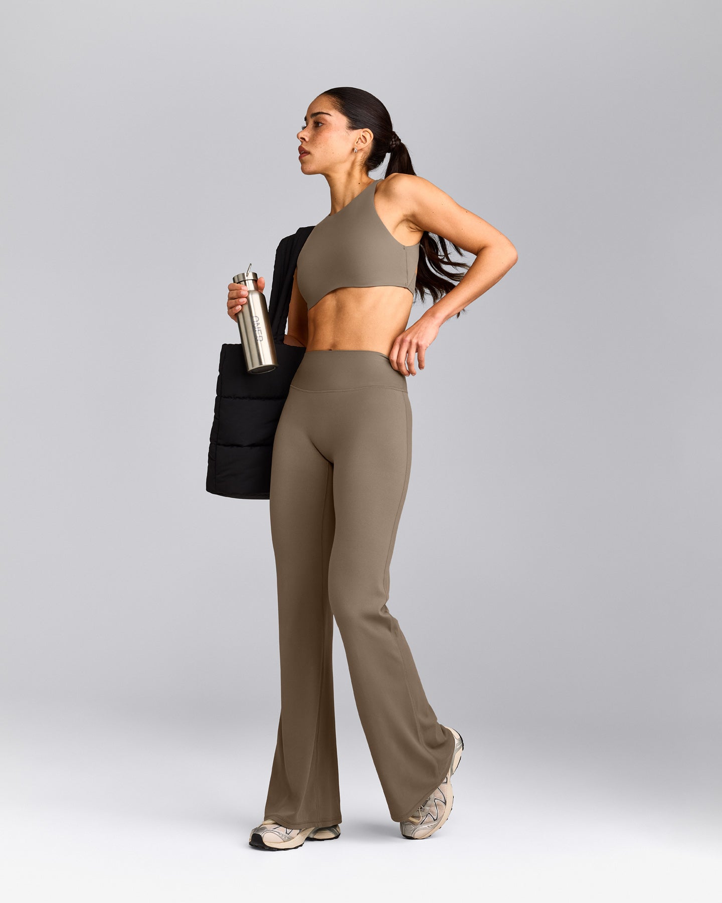 SoftMotion™ Flared Pants with Gray Logo | Moss Brown