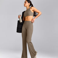 SoftMotion™ Flared Pants with Gray Logo | Moss Brown
