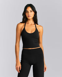 SoftMotion™ Strappy Halter Neck Mid Tank Top with Built in Bra Shelf New Branding | Black