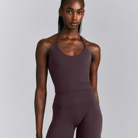 SoftMotion™ Strappy Halter Neck Mid Tank Top with Built in Bra Shelf New Branding | Dark Umber Brown