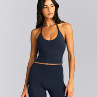 SoftMotion™ Strappy Halter Neck Mid Tank Top with Built in Bra Shelf New Branding | True Blue