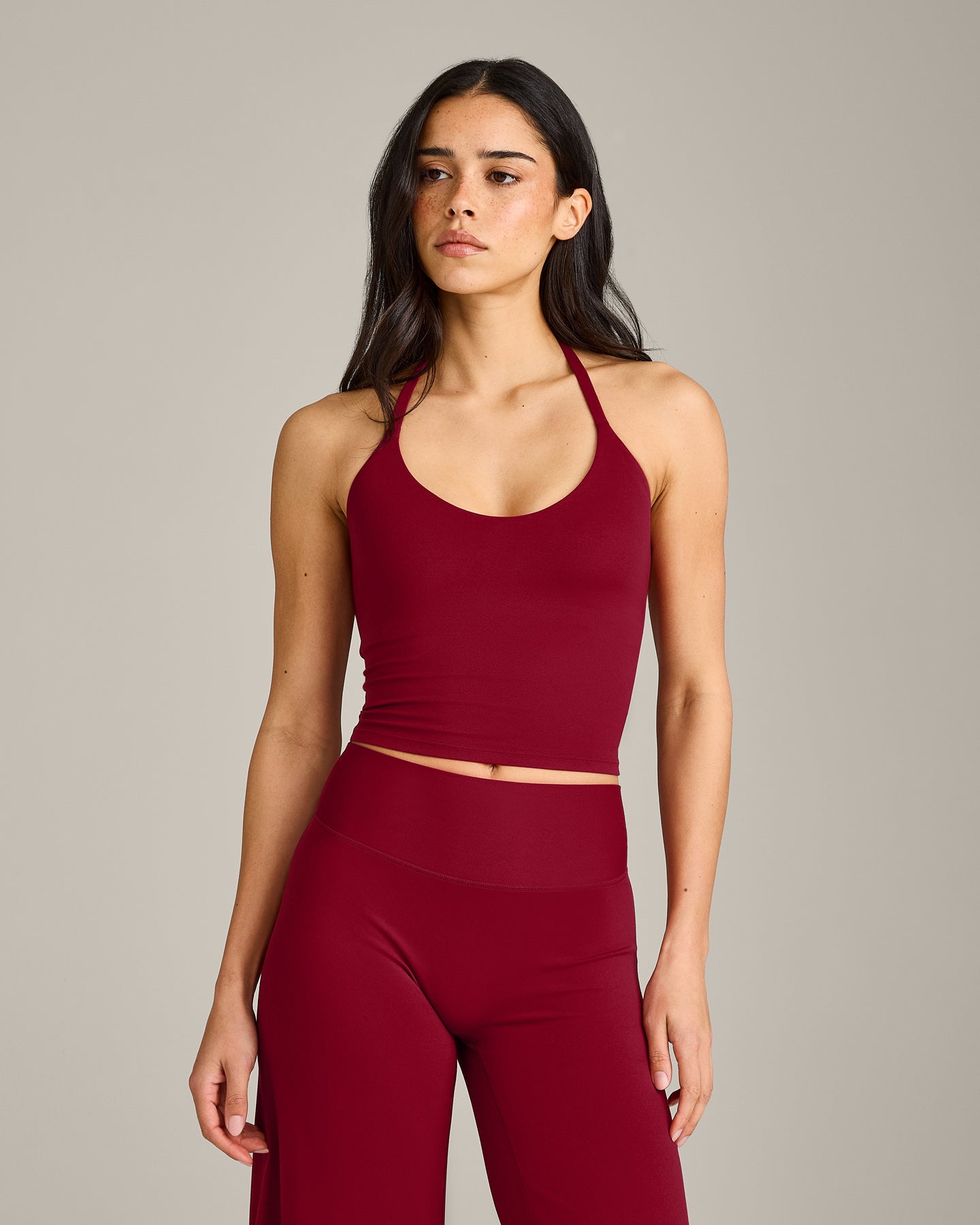 SoftMotion™ Strappy Halter Neck Mid Tank Top with Built in Shelf with Gray Logo | Ruby Red