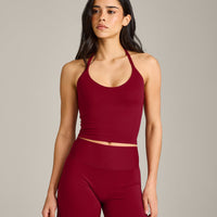 SoftMotion™ Strappy Halter Neck Mid Tank Top with Built in Shelf with Gray Logo | Ruby Red