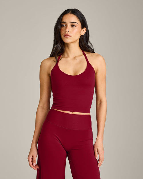 SoftMotion™ Strappy Halter Neck Mid Tank Top with Built in Shelf with Gray Logo | Ruby Red
