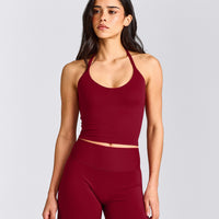 SoftMotion™ Strappy Halter Neck Mid Tank Top with Built in Bra Shelf with Gray Logo | Ruby Red
