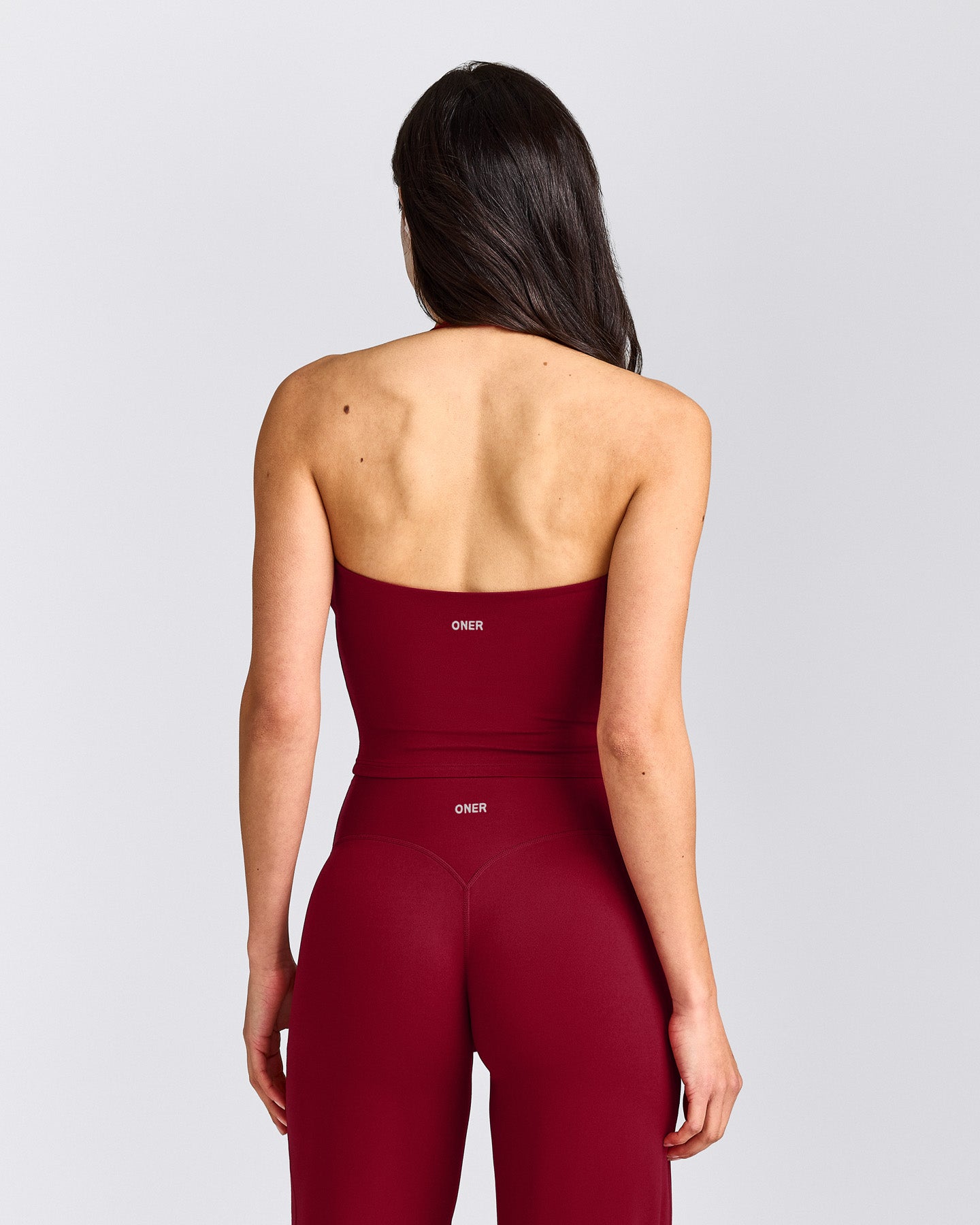SoftMotion™ Strappy Halter Neck Mid Tank Top with Built in Bra Shelf with Gray Logo | Ruby Red