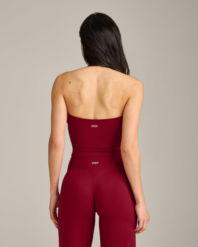 SoftMotion™ Strappy Halter Neck Mid Tank Top with Built in Shelf with Gray Logo | Ruby Red