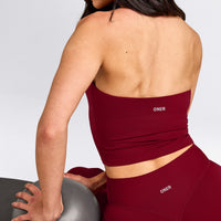 SoftMotion™ Strappy Halter Neck Mid Tank Top with Built in Bra Shelf with Gray Logo | Ruby Red