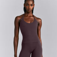 SoftMotion™ Strappy Halter Neck Tank Top with Built in Bra Shelf New Branding | Dark Umber Brown