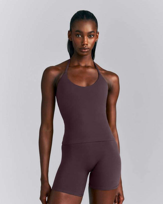 SoftMotion™ Strappy Halter Neck Tank Top with Built in Bra Shelf New Branding | Dark Umber Brown