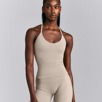 SoftMotion™ Strappy Halter Neck Tank Top with Built in Bra Shelf New Branding | Warm Sand