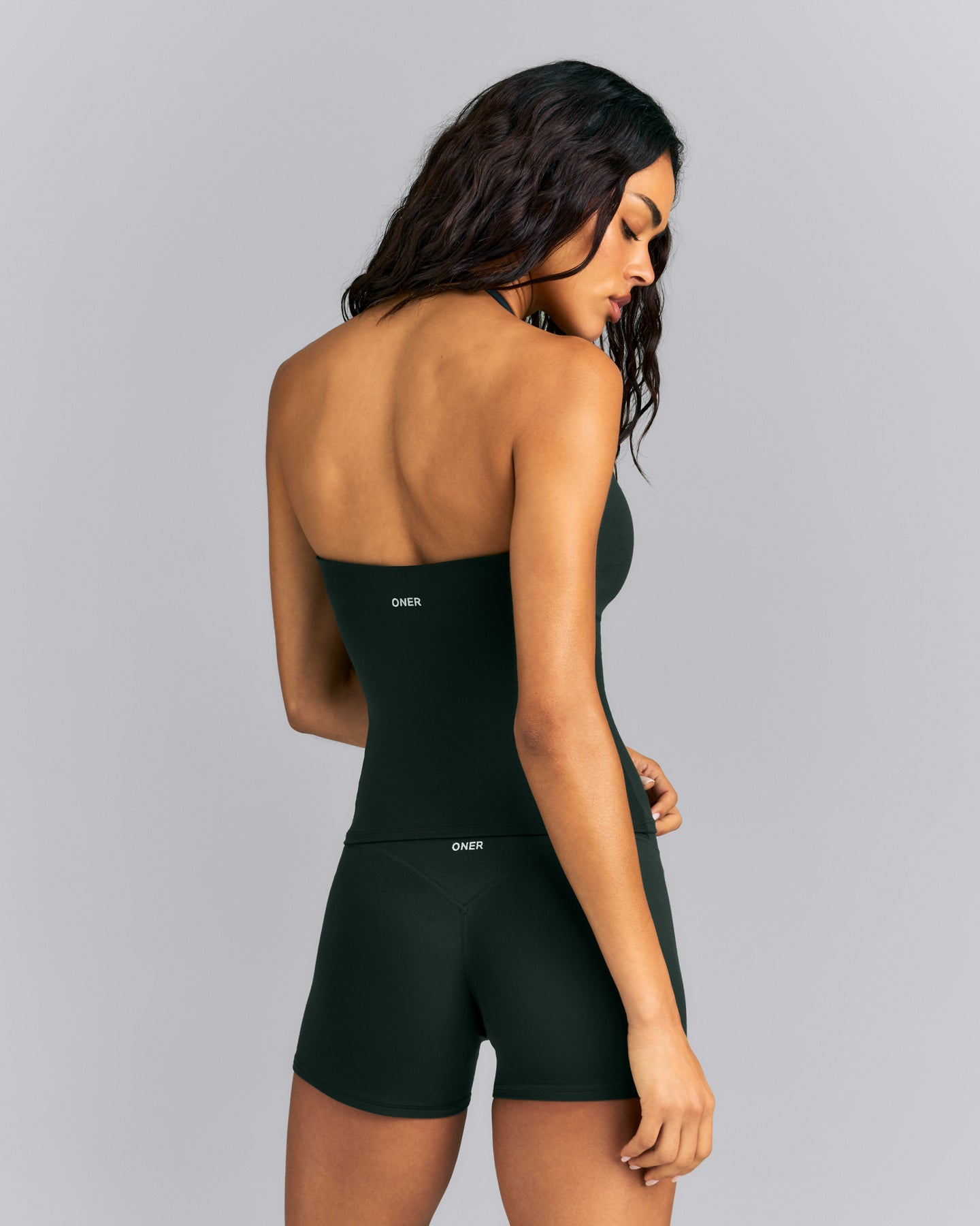 SoftMotion™ Strappy Halter Neck Tank Top with Built in Bra Shelf | Emerald Noir