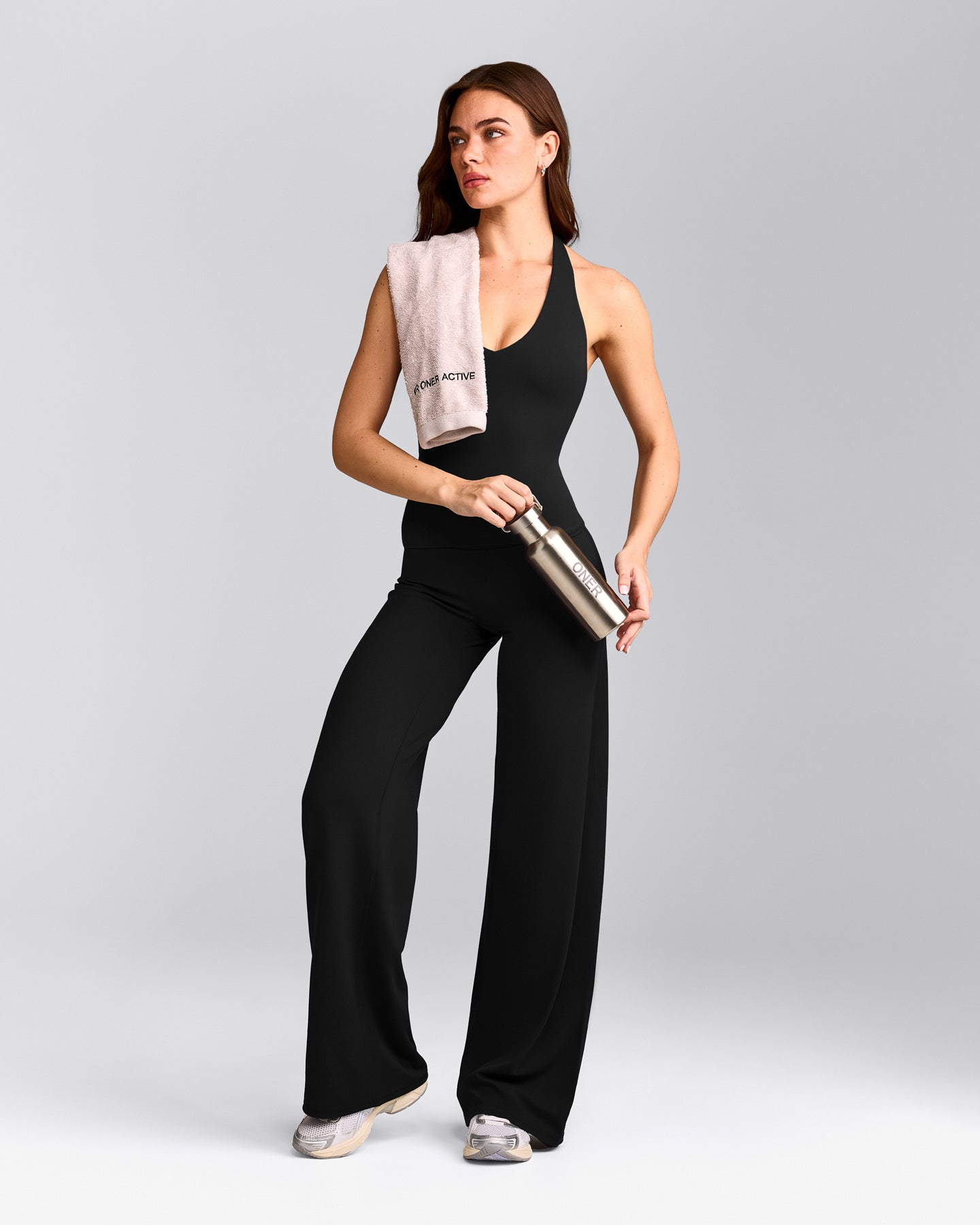SoftMotion™ Halter Neck Tank Top with Built in Bra Shelf with Gray Logo | Black