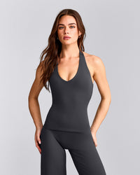 SoftMotion™ Halter Neck Tank Top with Built in Bra Shelf with Gray Logo | Coal