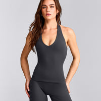 SoftMotion™ Halter Neck Tank Top with Built in Bra Shelf with Gray Logo | Coal